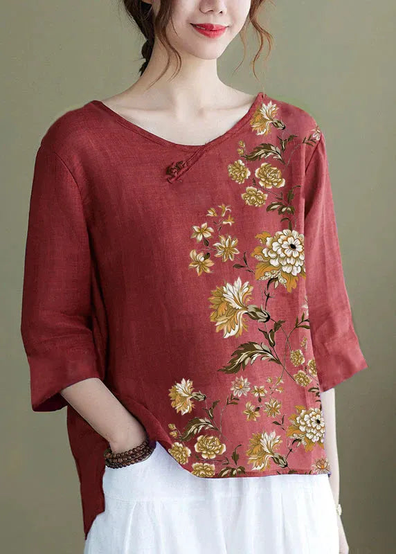 Diy Pink Flower Embroidered Side Open Half Sleeve Top
