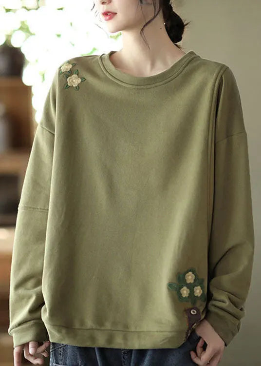 Green Embroideried Cotton Loose Sweatshirt Spring