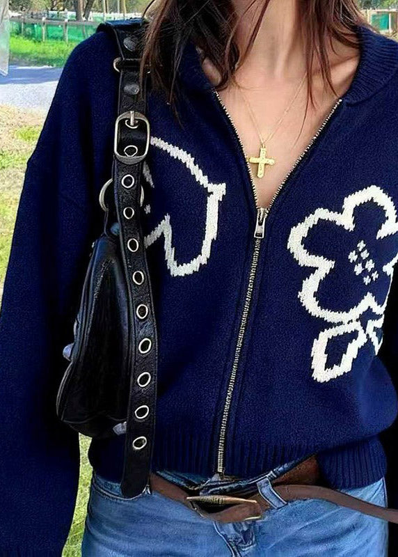 Navy Zip Up Knit Loose Coat Spring