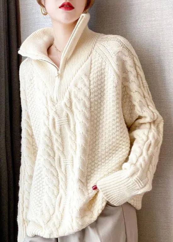 Beige Thick Knit Sweater Tops Turtle Neck Spring