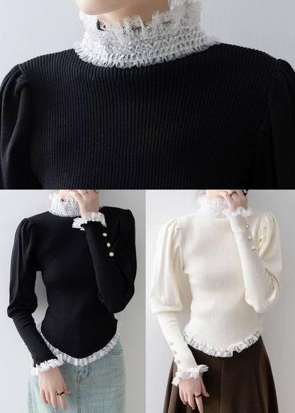 Italian White Silm Fit Patchwork Lace Knitted Tops Winter