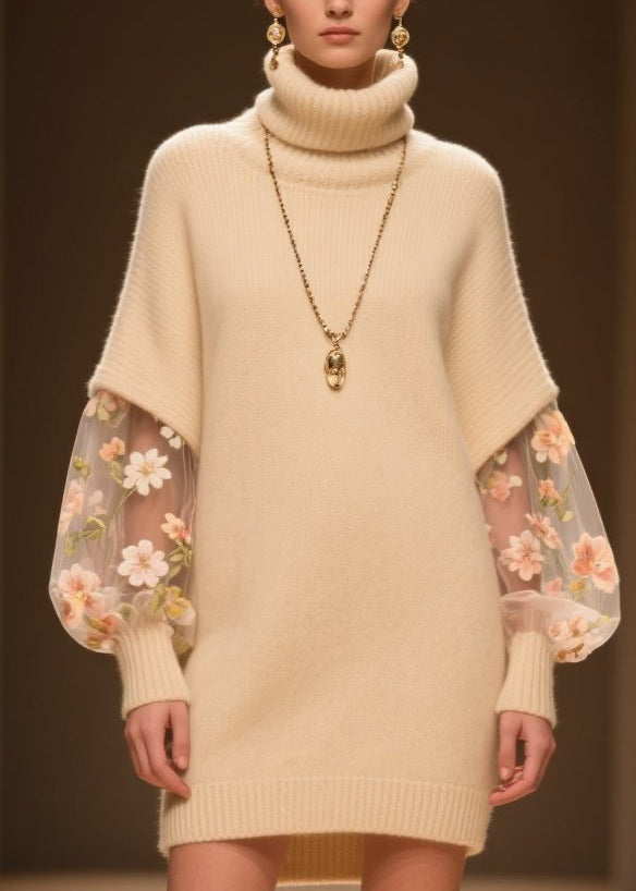 Beige Hign Neck Tulle Patchwork Knit Dress Winter