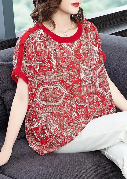 Red O-neck Print Draping Chiffon Tank Tops Short Sleeve