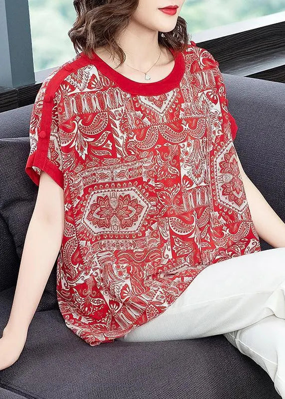 Red O-neck Print Draping Chiffon Tank Tops Short Sleeve