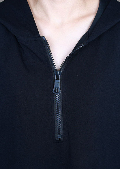 Simple Black Hooded Patchwork Asymmetrical Design Fall Maxi Dresses