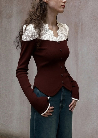 Style Brown V Neck Patchwork Lace Knit Shirts Spring