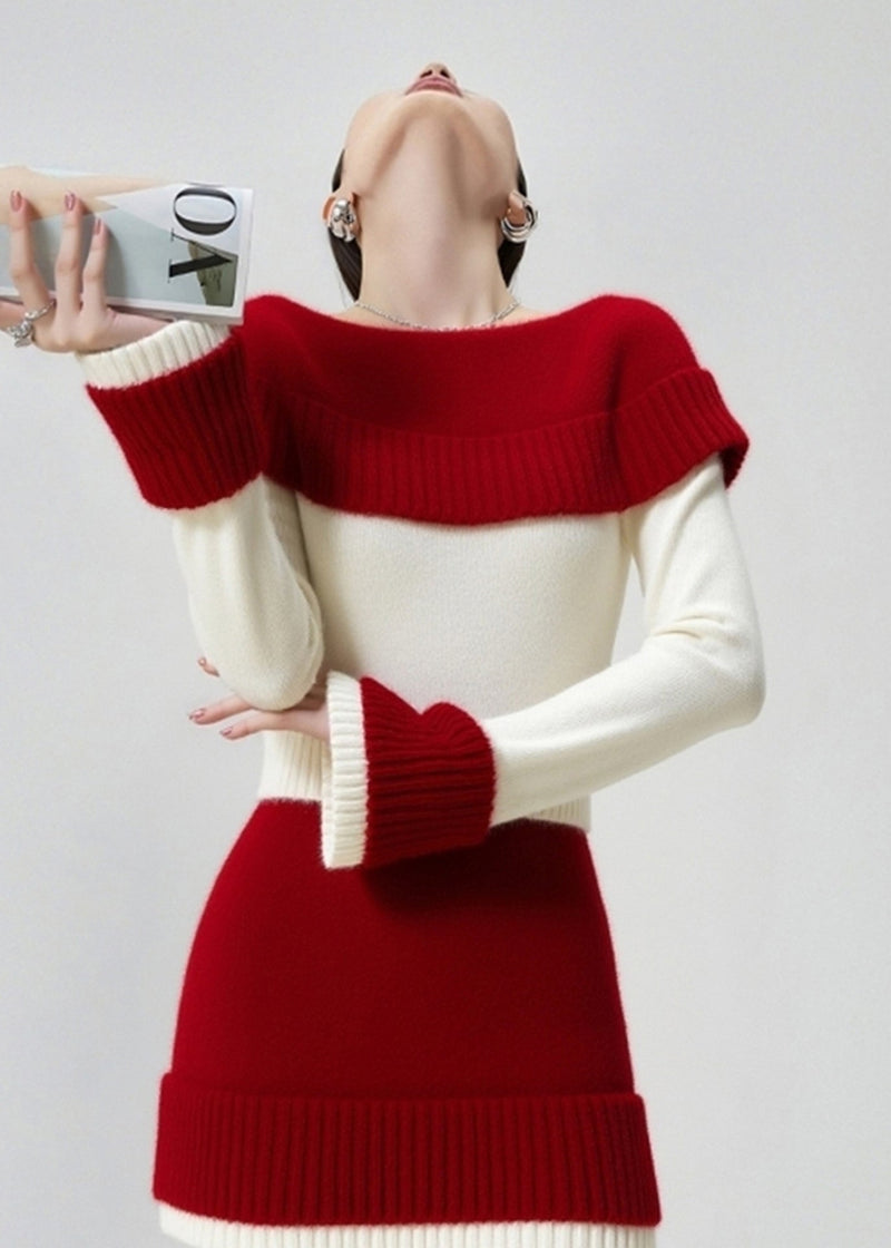 Colorblock Slash Neck Patchwork Knit Sweater and Skirt Two Pieces Set Fall