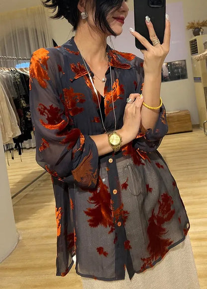 Black Button Print Thin Chiffon Peter Pan Collar Summer