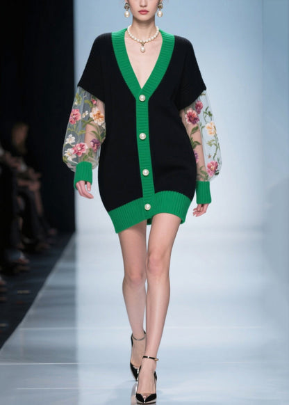 Black Print Patchwork Tulle Knitwear Dress Fall