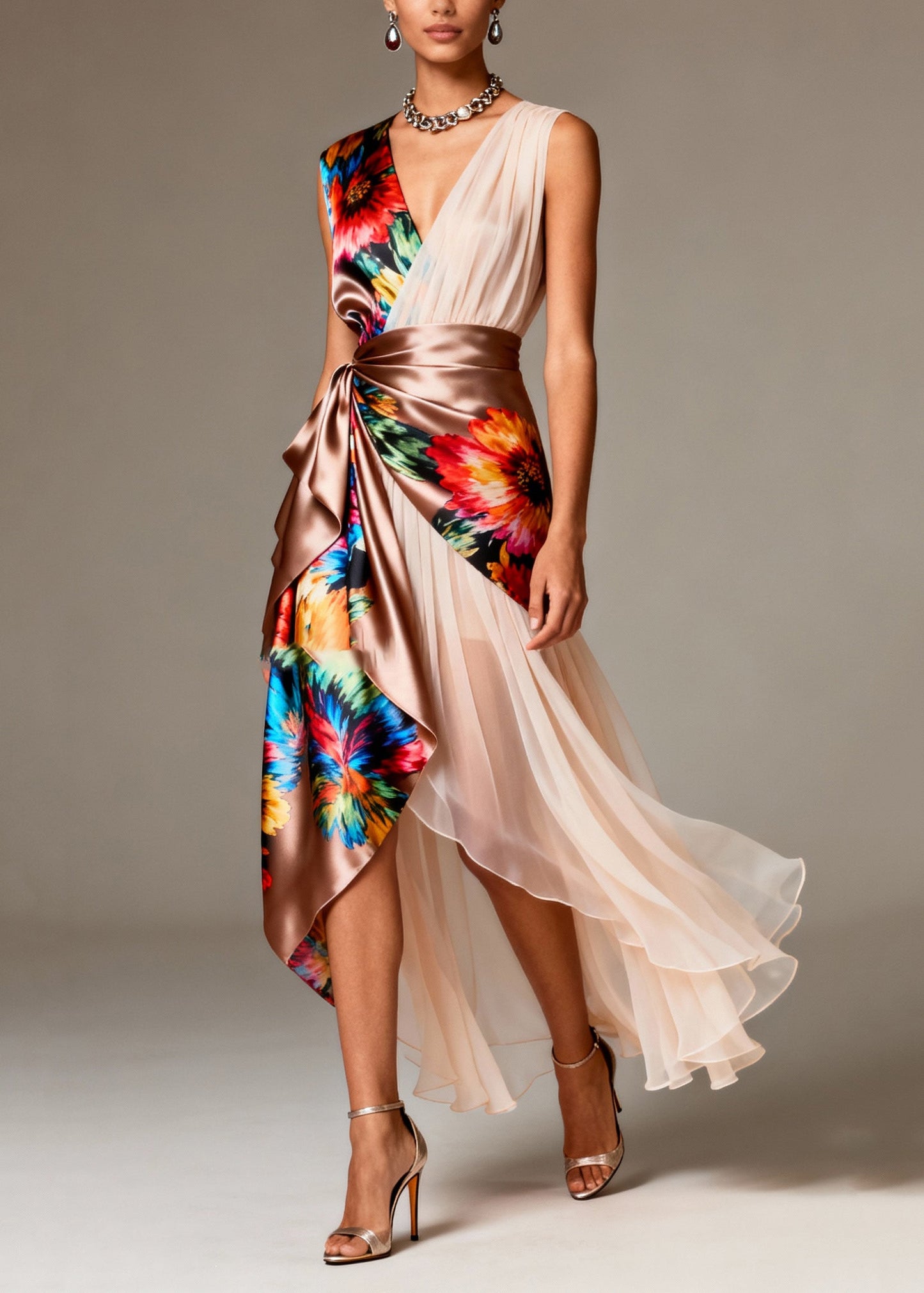 Asymmetrical Patchwork Tulle Silk Party Dresses Sleeveless Summer