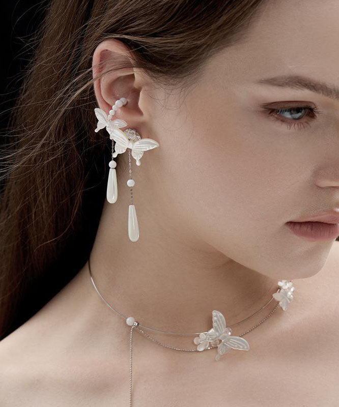 White Sterling Silver Pearl Butterfly Water Drop Drop Earrings