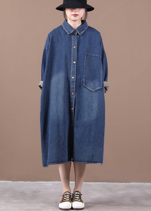 100% Lapel Patchwork Spring Outfit Ideas Denim Blue Long Dress