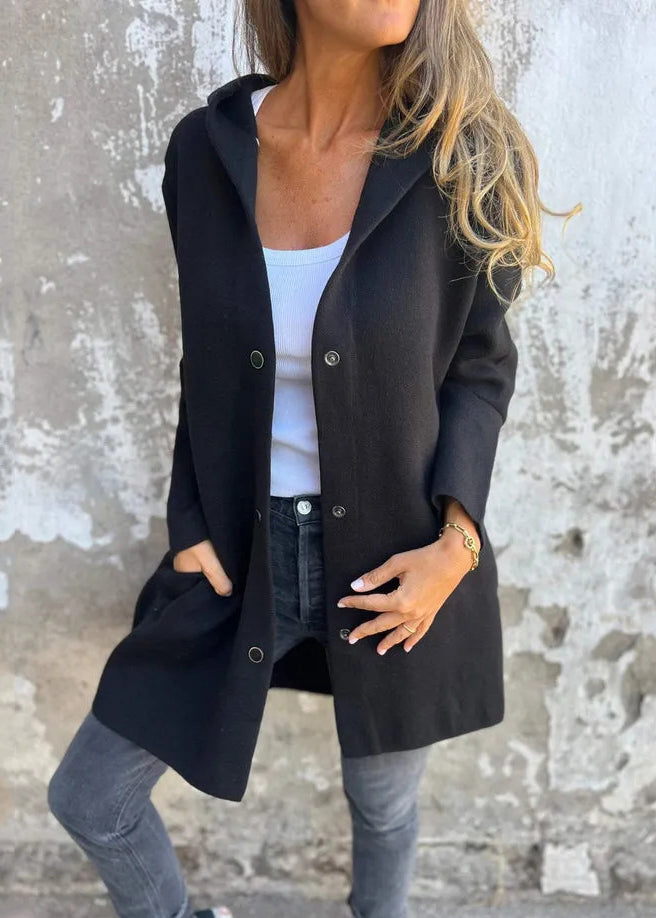Grey Hooded Button Pockets Cotton Coat Fall