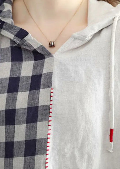 White Hooded Plaid Patchwork Fall Half Sleeve Shirt Top