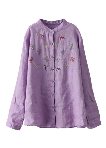 Purple Stand Collar Embroideried Linen Shirt Long Sleeve