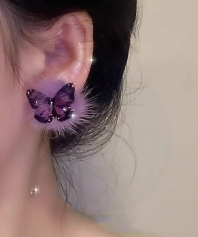 Purple Sterling Silver Overgild Fuzzy Fur Fluffy Butterfly Stud Earrings