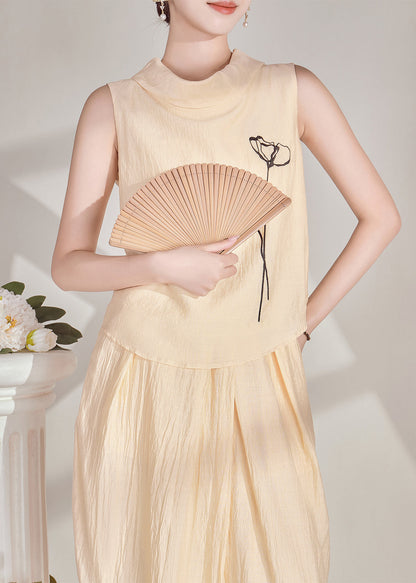 Chinese Style Light Yellow Turtleneck Top and Maxi Skirts Two Pieces Set Summer