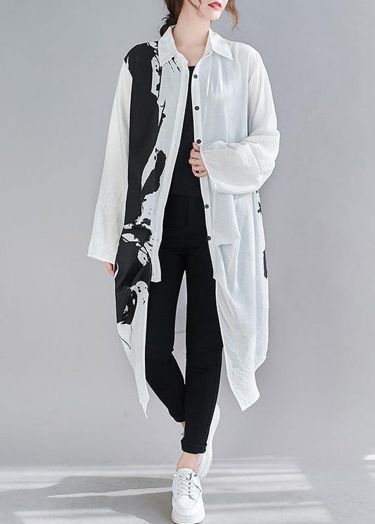 Lapel Patchwork Spring Clothes Design White Print Long Dress