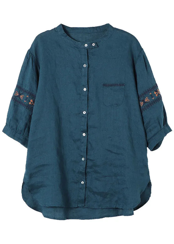 Peacock Blue Embroideried Patchwork Tops Half Sleeve
