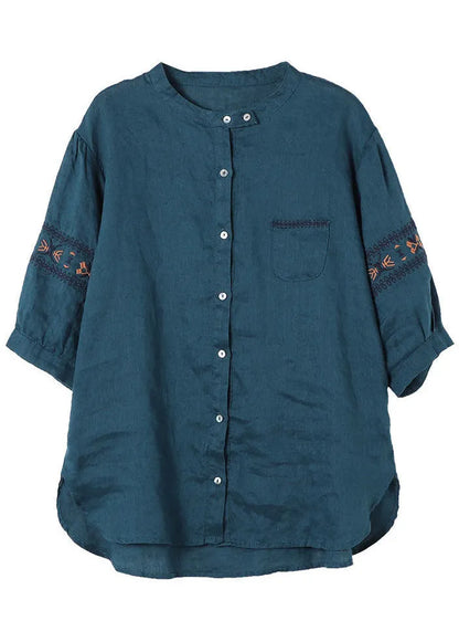 Peacock Blue Embroideried Patchwork Tops Half Sleeve