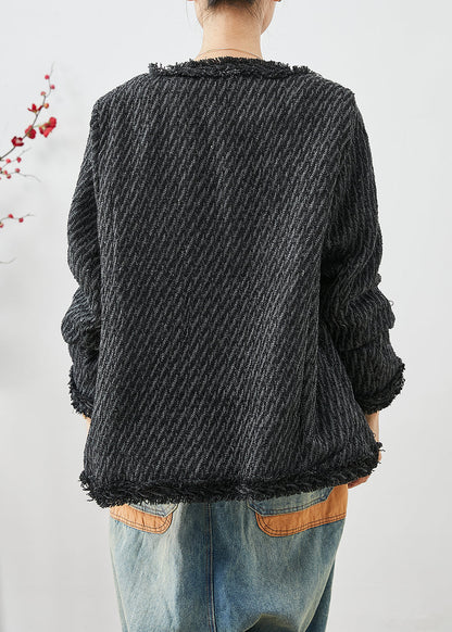 Dark Grey Tasseled Button Down Warm Fine Cotton Filled Jacket Winter
