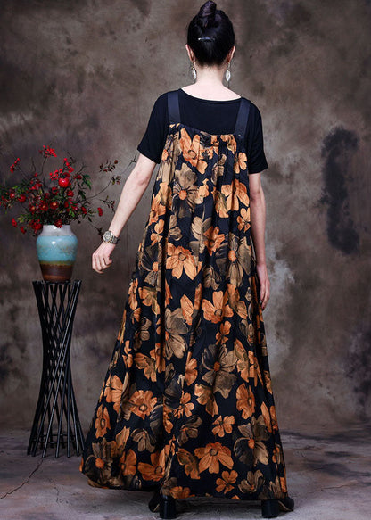 Yellow Wrinkled Print Silk Tanks and Strap Dress Two Piece Set Outfits Summer