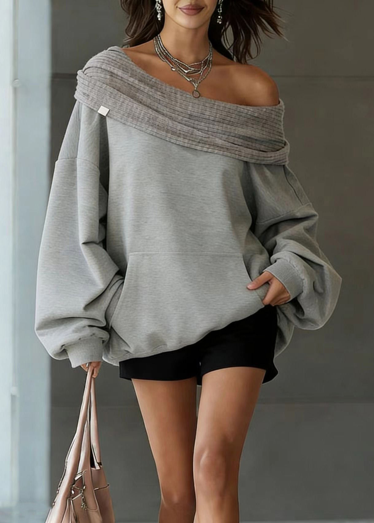 New Grey Slash Neck Hooded Pullover Spring