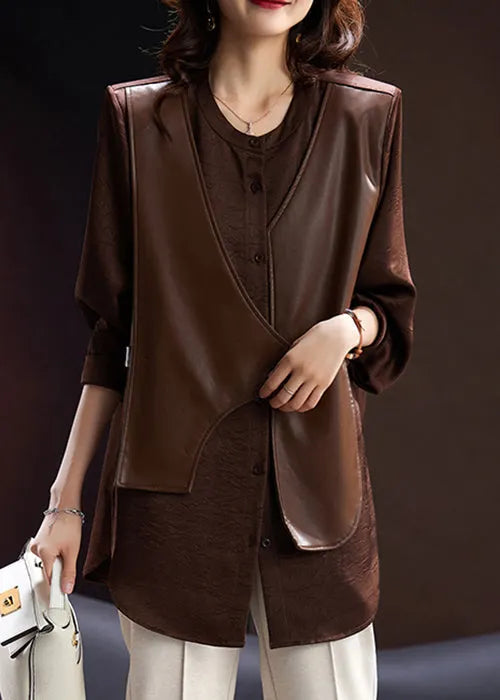 Coffee Button Faux Leather Patchwork False Two Pieces Blouses Spring