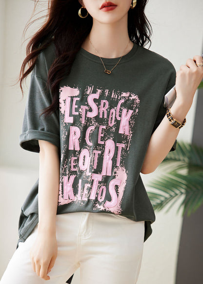 Loose Grey O-neck Print Top Short Sleeve