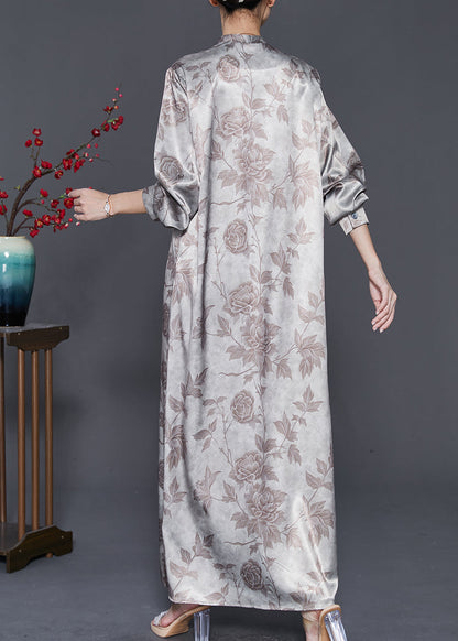 Apricot V Neck Print Silk Maxi Dresses Spring
