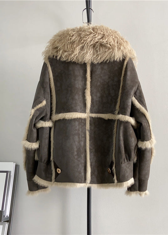 Chocolate Patchwork Leather and Fur Coats Wool Collar Winter