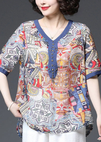 Blue V Neck Print Cotton Shirts Short Sleeve