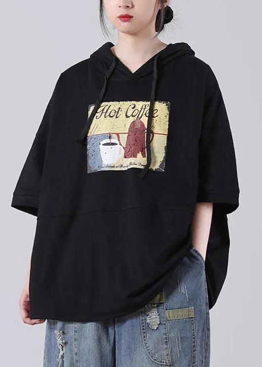 Unique Black Hooded Cotton Loose Sweatshirts Top