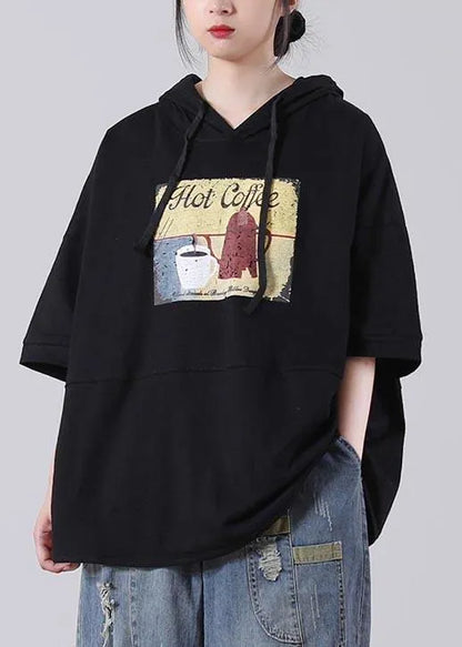 Unique Black Hooded Cotton Loose Sweatshirts Top