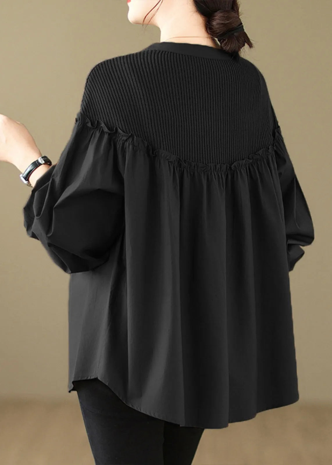 Black Ruffled Patchwork Button Top Spring