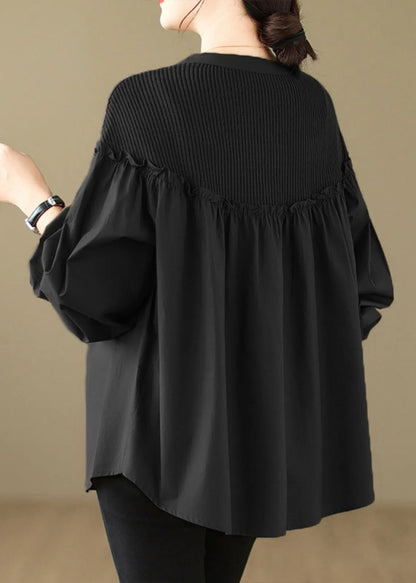 Black Ruffled Patchwork Button Top Spring