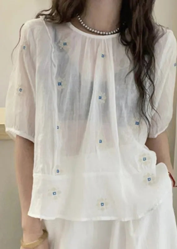 Loose Yellow O Neck Embroidered Cotton Blouses Summer