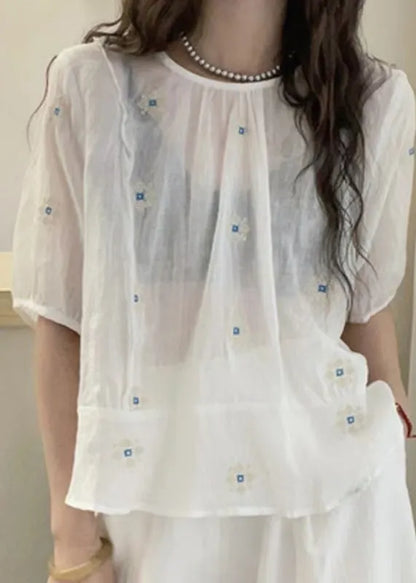 Loose Yellow O Neck Embroidered Cotton Blouses Summer