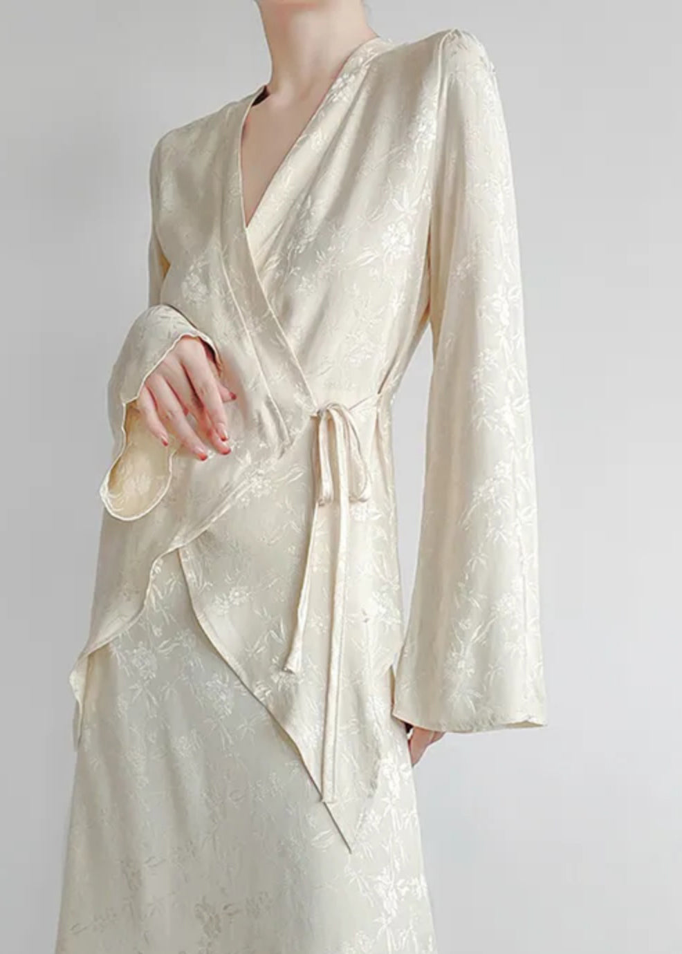 Classy Apricot V Neck Print Tie Waist Shirts Long Sleeve