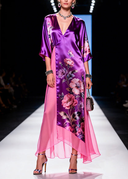 V Neck Print Patchwork Silk Long Dress Summer