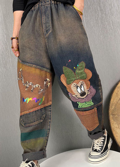 Stylish Blue Embroideried Patchwork Denim Pants Spring
