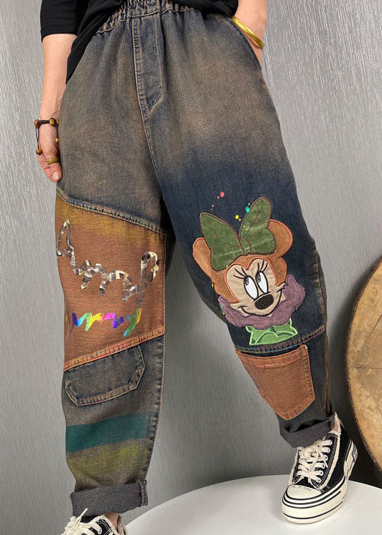 Stylish Blue Embroideried Patchwork Denim Pants Spring