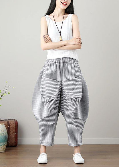 Natural Striped Drop-crotch Cotton Linen Pants Summer