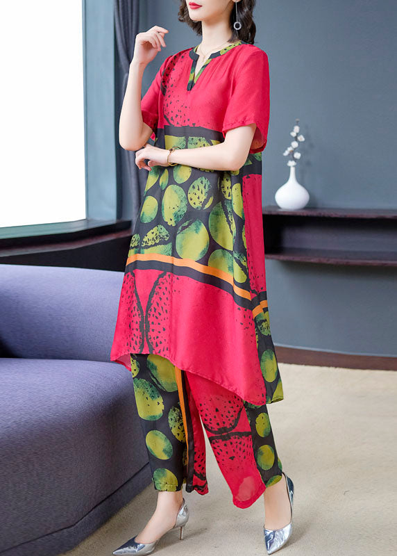 Red Print Tops and Pants Silk Two Pieces Set Summer