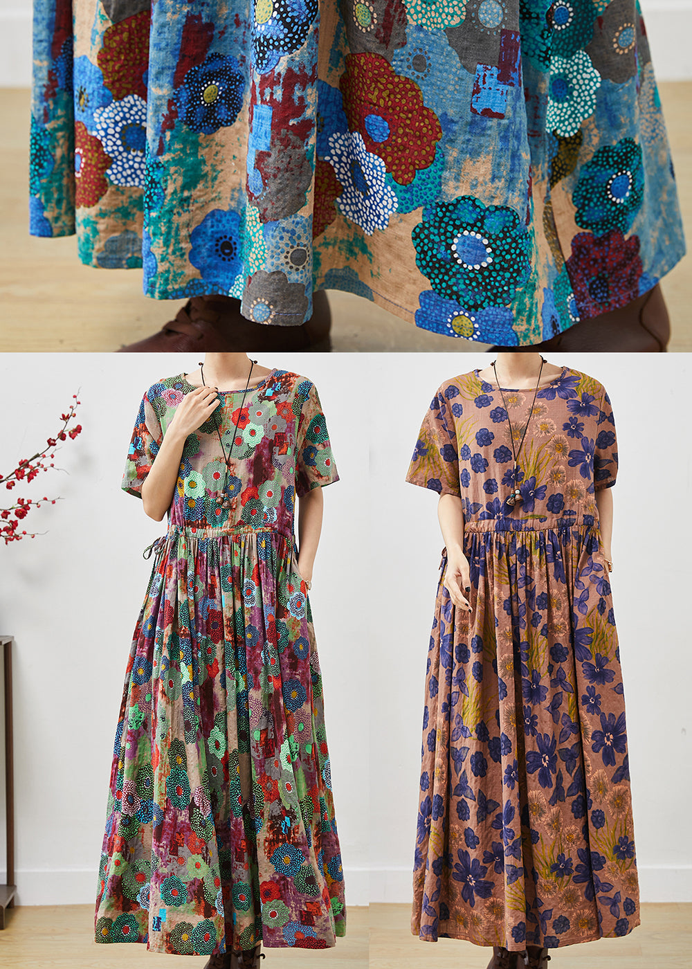 Blue Cinched Exra Large Hem Cotton Dress Summer