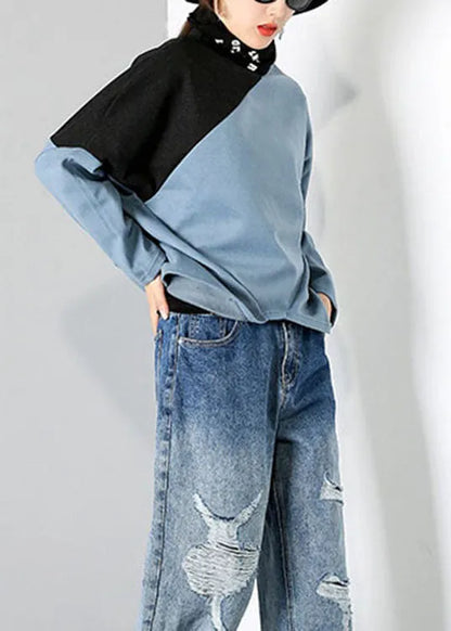 Blue Turtle Neck Patchwork Tops Spring