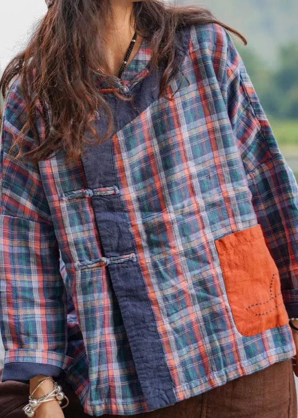 Retro Plaid Patchwork Button Pockets Fall Shirt Top