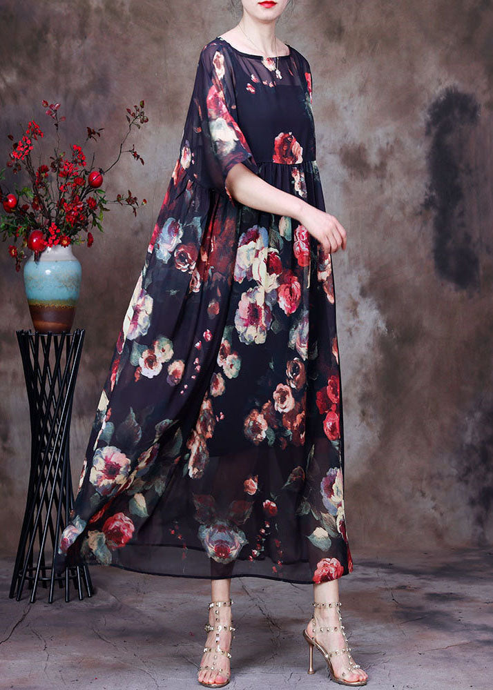 Black O-neck Wrinkled Print Chiffon Beach Dress Two Pieces Set Summer