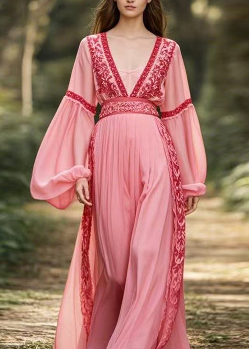 New Pink V Neck Patchwork Chiffon Long Dresses Lantern Sleeve Spring