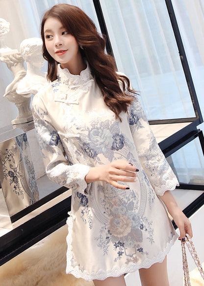 Stand Collar Embroideried Button Lace Patchwork Top Long Sleeve